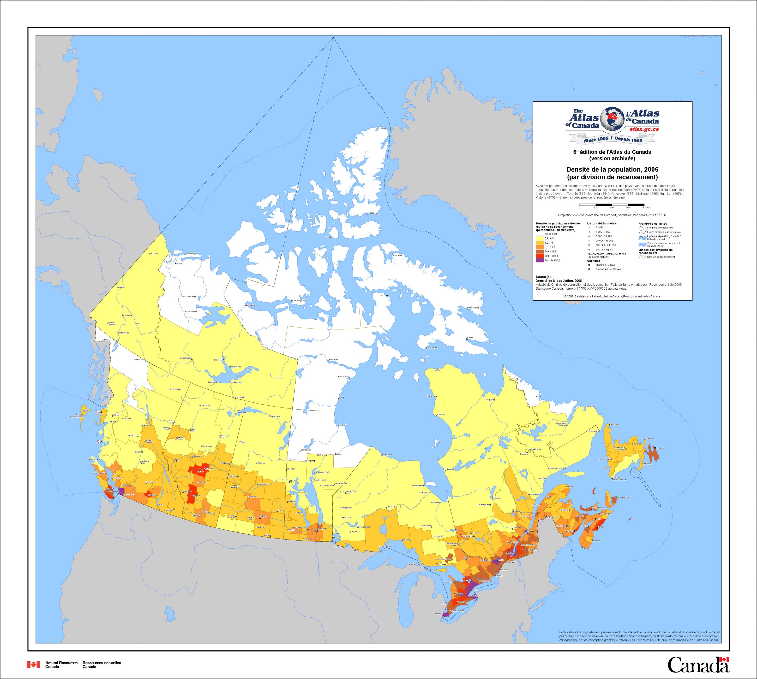Une carte de la densité de la population du Canada