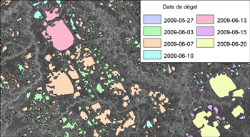 Figure 3. Carte de la fonte des lacs (dégel) en 2009, PN Vuntut, Yukon.
