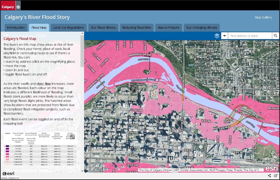 City map with graduated colour representing likelihood of flooding and the extent of the water. The lightest color represents a lower likelihood of flooding and the darkest higher likelihood of flood.