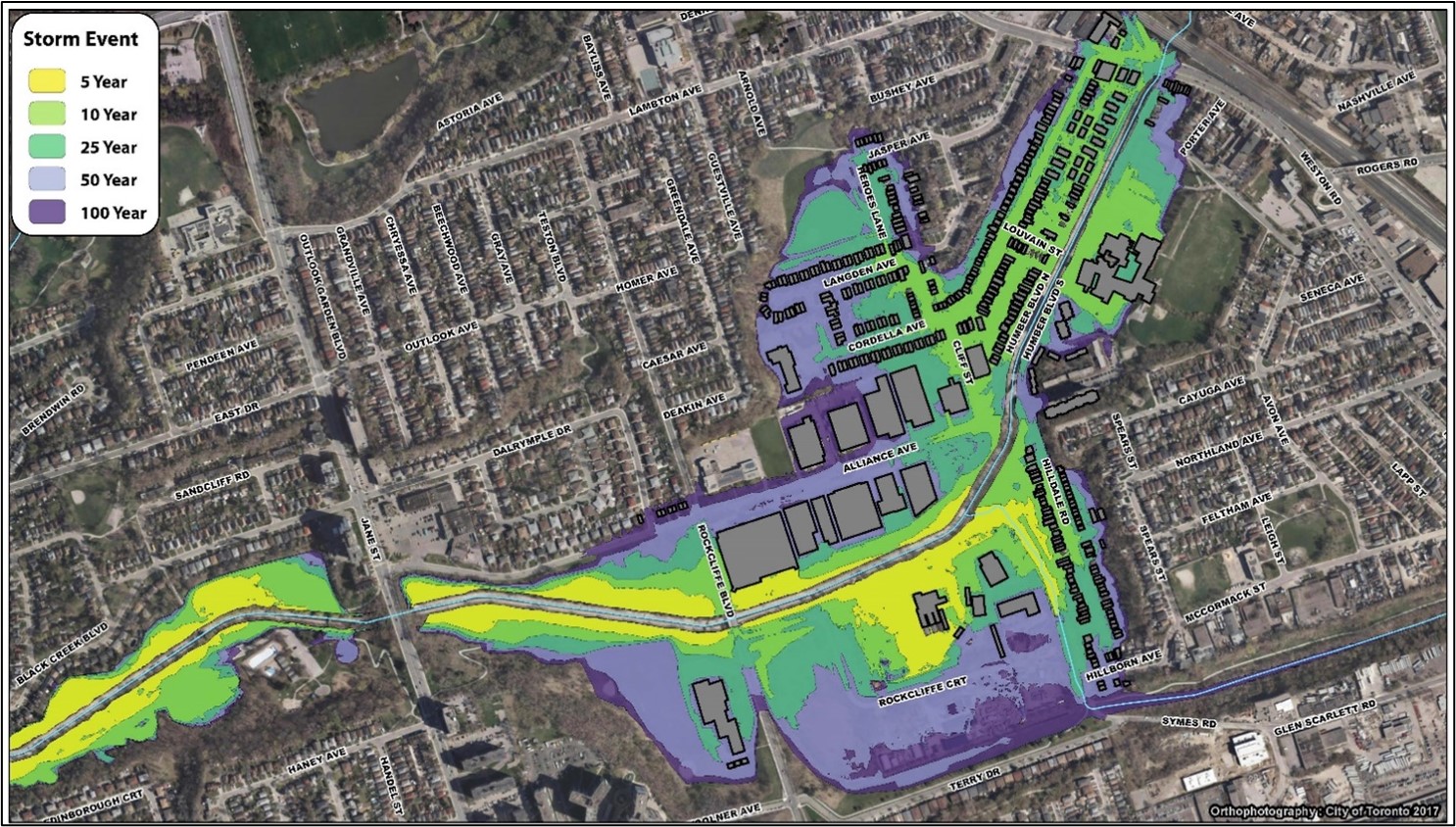 Carte d'une ville présentant l'étendue des zones inondables et des couleurs graduées représentant la fréquence des tempêtes.