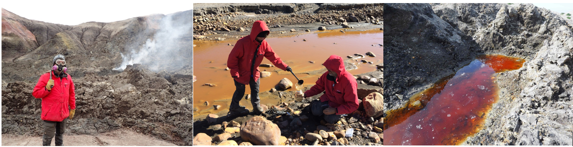 Steve porte un masque à gaz, deux scientifiques versent un échantillon d’eau acide dans un récipient en verre et gros plan d’une mare rouge.