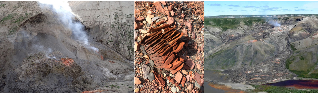 Du schiste brûlant et fumant par suite de l’affaissement du pergélisol, photographié sous deux angles différents. Image du milieu : schiste qui s’effrite après avoir brûlé et refroidi.